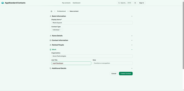 Formulaire de contact avec informations professionnelles