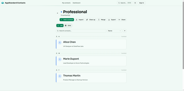 Carnet de contacts avec groupement alphabétique