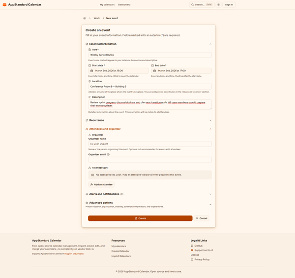 Formulaire de création d'événement avec templates
