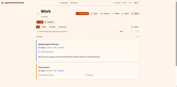 Liste des événements avec filtres et recherche