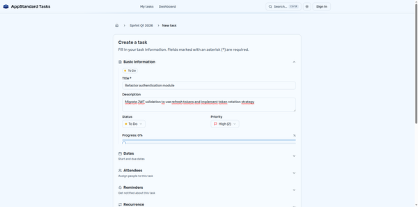 Création de tâche avec statut, priorité et progression