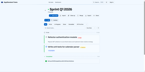 Liste des tâches avec filtres et badges de priorité