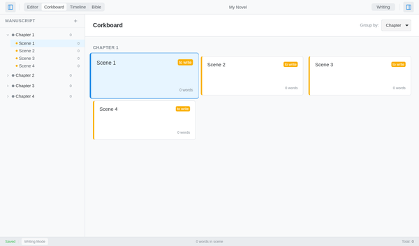 Corkboard avec fiches scènes par chapitre